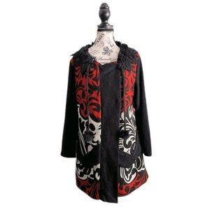 Xception Y2K Black Red Jacquard Coat Faux Fur Trim Size Large